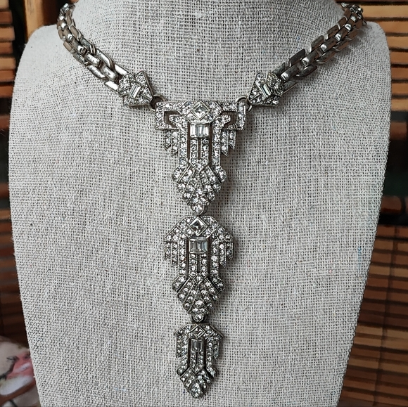 Stella and Dot Art Deco Revival Elongated Citrine Smoke Pewter Tone Necklace - Picture 15 of 15